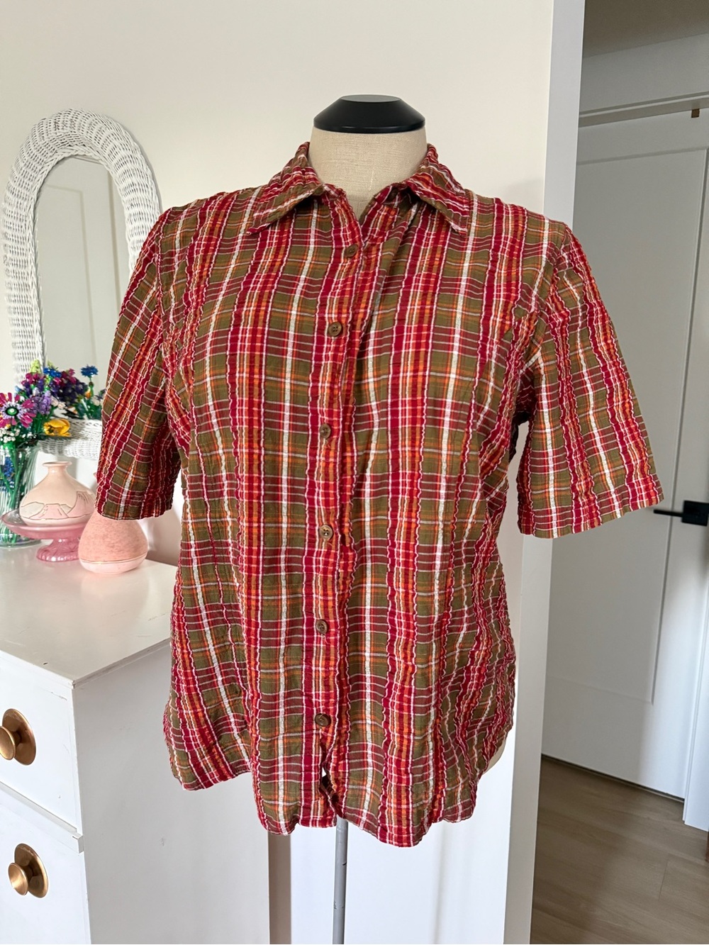 Vintage Plus Size PSElements Red and Olive Plaid Button-Up Shirt - Size 18
